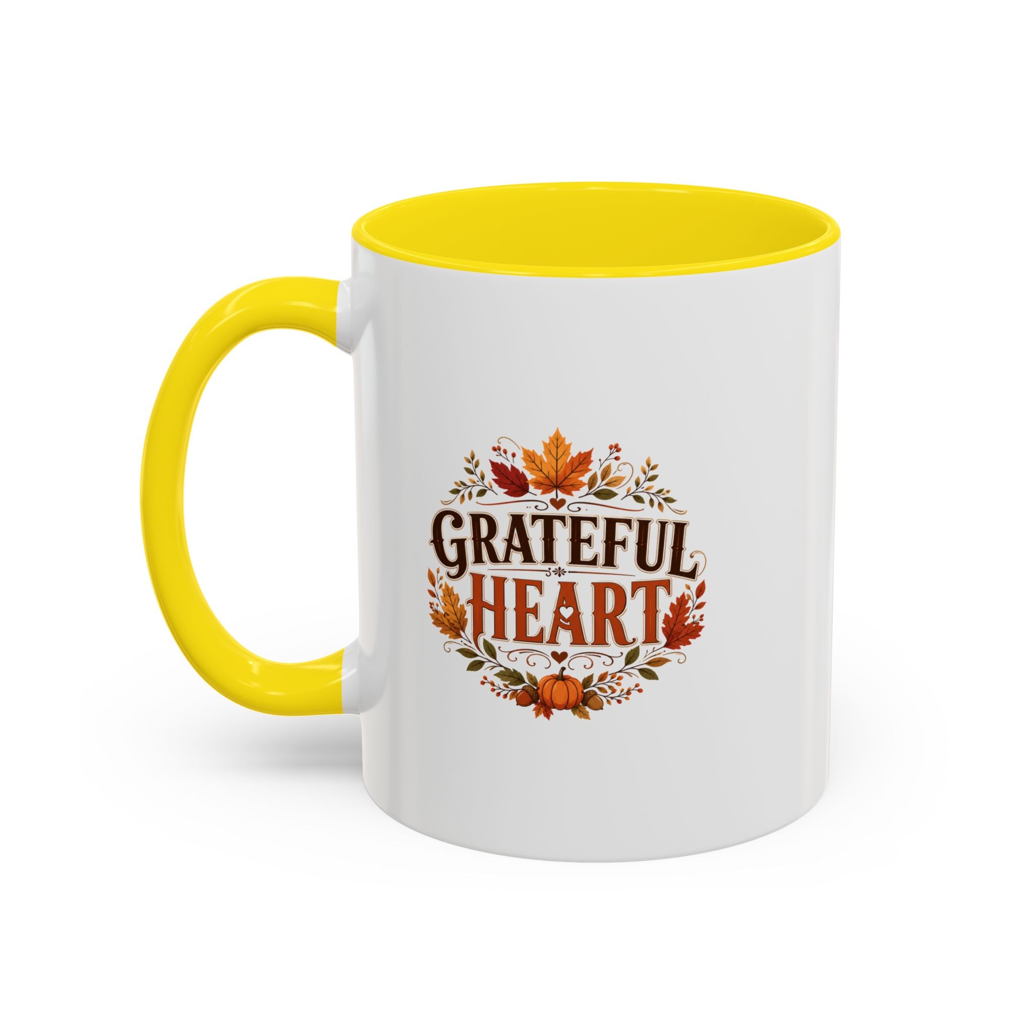 Thanksgiving Mug Grateful Heart Coffee Mug — Fall Leaves Pumpkin Accent Mug