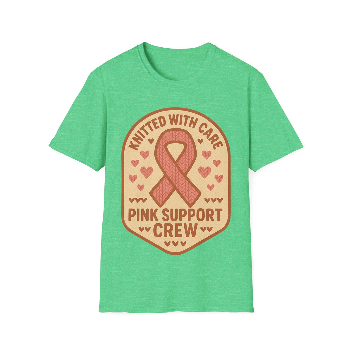 Pink Support Crew Knitted With Care Shield Badge T-Shirt, Breast Cancer Awareness Tee - Trending Now - September 2026