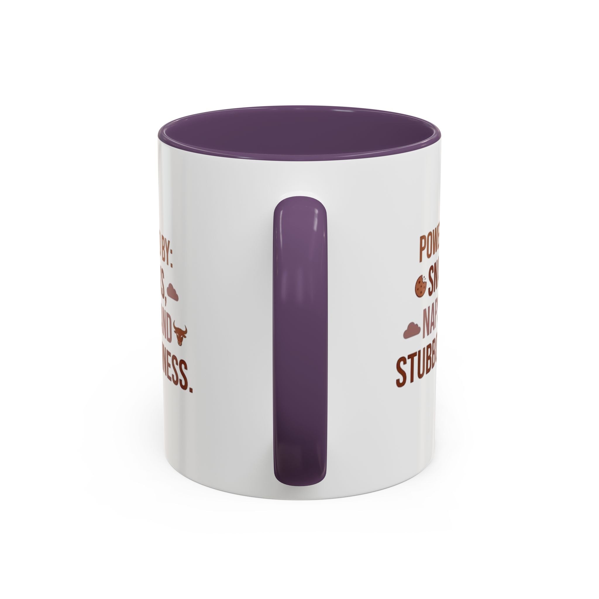 Coffee Mug — "Powered by: Snacks, Naps, and Stubbornness" Ceramic Accent Mug