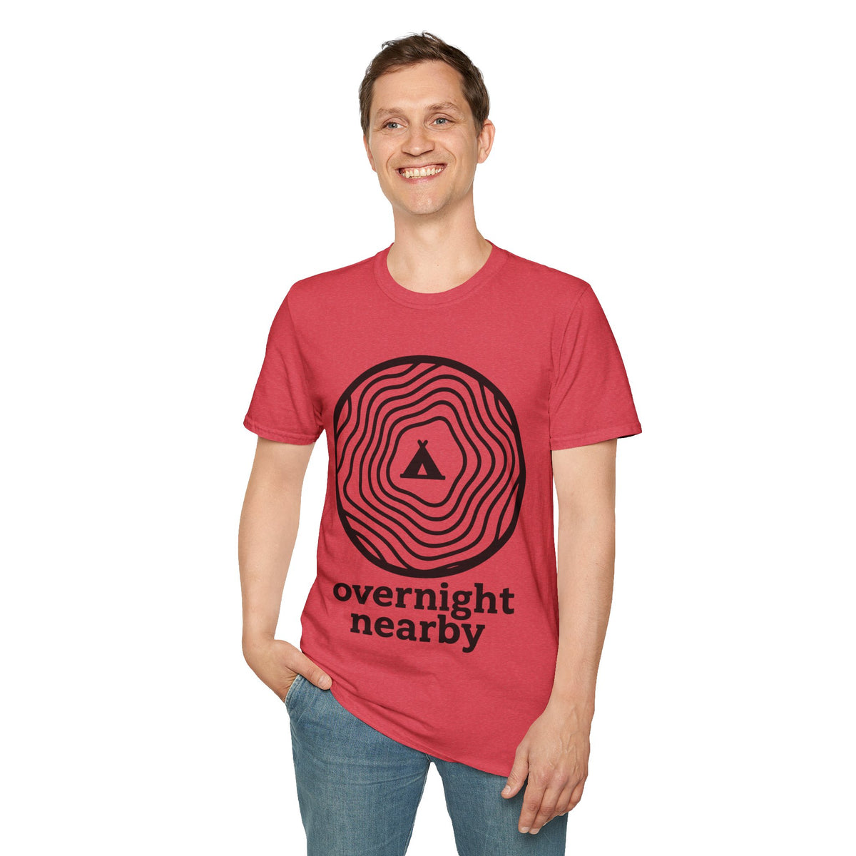 "Overnight Nearby" Tree Ring Mountain Graphic Tee - Minimalist Outdoor Camping White T-Shirt - Trending Now - September 2026