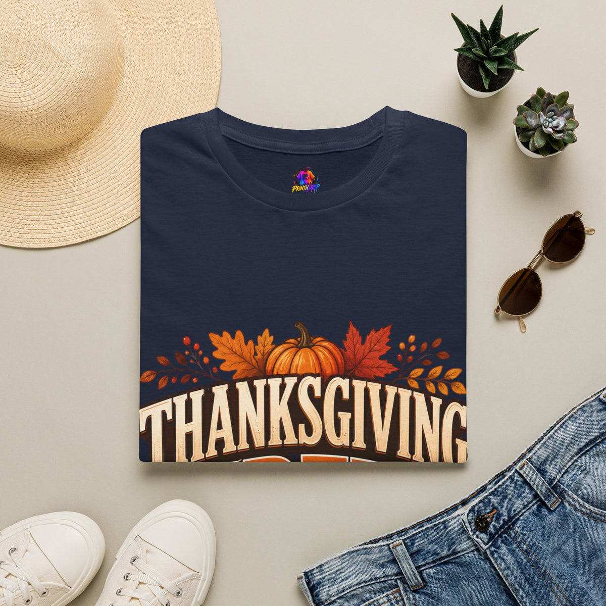 Thanksgiving T-Shirt Crew T-Shirt— Festive Pumpkin & Fall Leaves Holiday Tee
