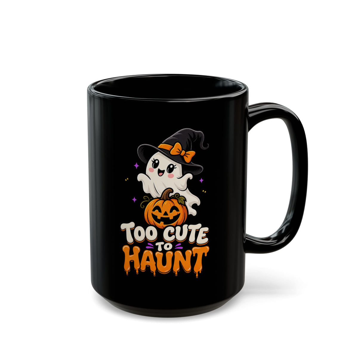 Too Cute to Haunt Halloween Mug — Black Ghost & Pumpkin Coffee Cup (11oz/15oz)