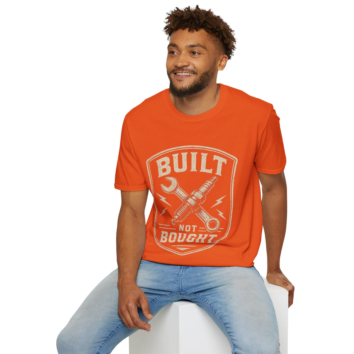 Built Not Bought T-Shirt — Vintage Mechanic Wrench & Spark Plug Design