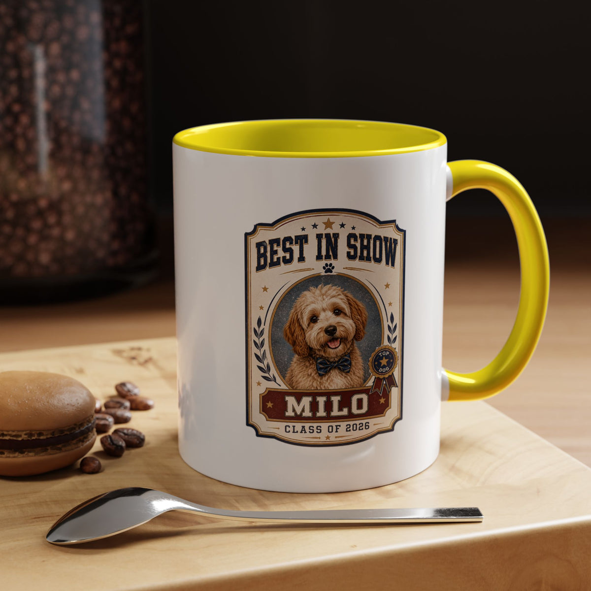 Milo Bailey Dog Dad Mom Best in Show Personalized Dog Mug — "Milo" Class of 2028 Accent Coffee Mug
