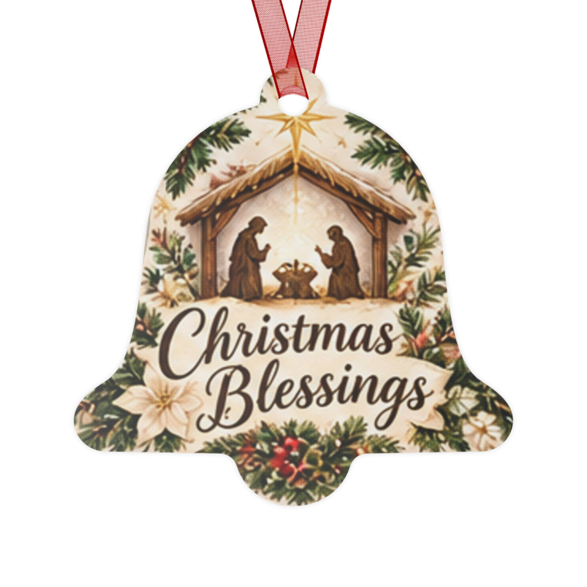 Christmas Blessings Metal Ornament — Nativity Bell Holiday Decoration
