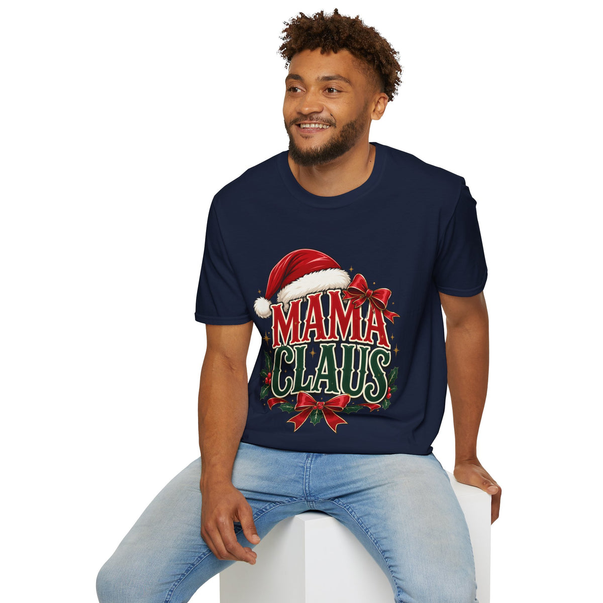 Mama Claus T-Shirt — Festive Christmas Mom Tee with Santa Hat & Bow