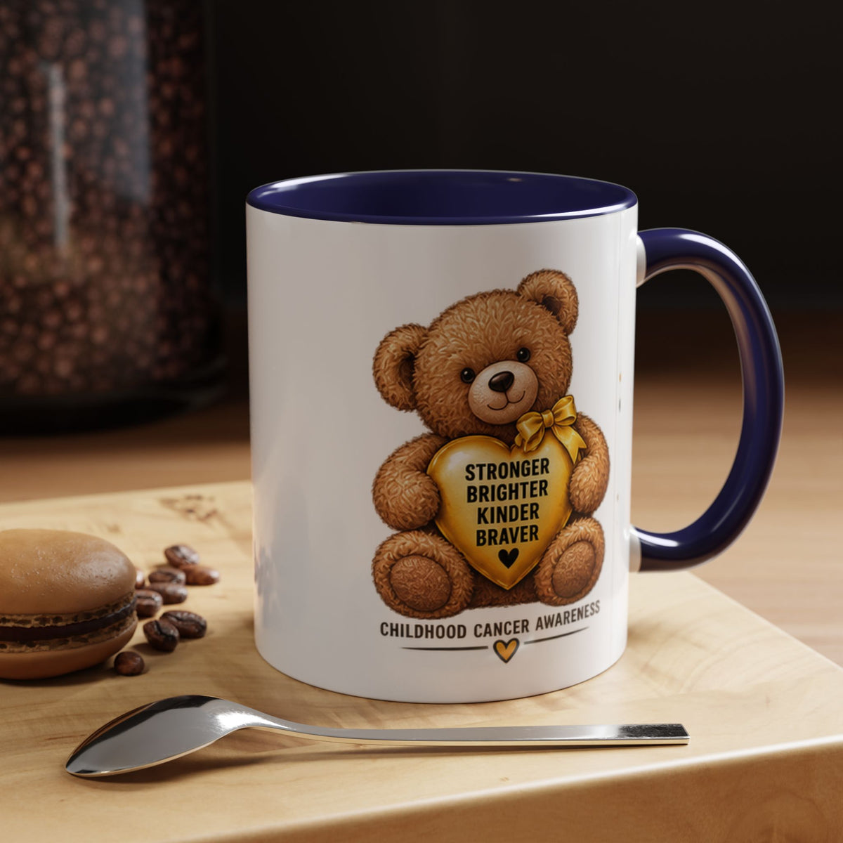 Childhood Cancer Awareness Coffee Mug — 'Stronger Brighter Kinder Braver' Teddy