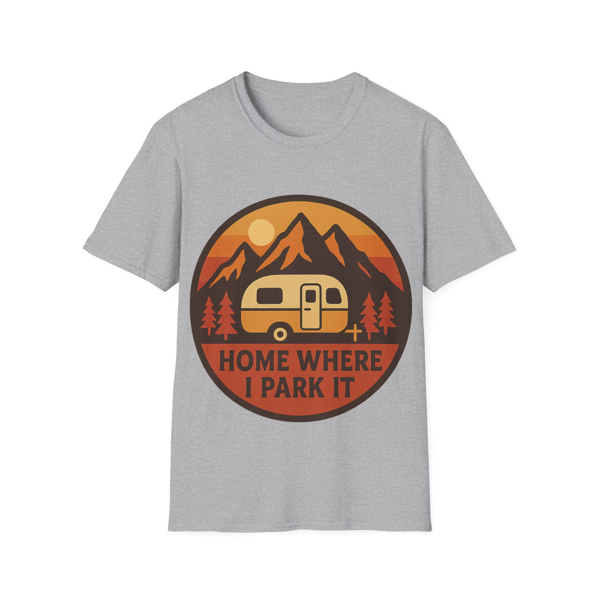 "Home Where I Park It" Vintage Camper Van Graphic Tee - Retro Sunset Mountain White T-Shirt - Trending Now - September 2026