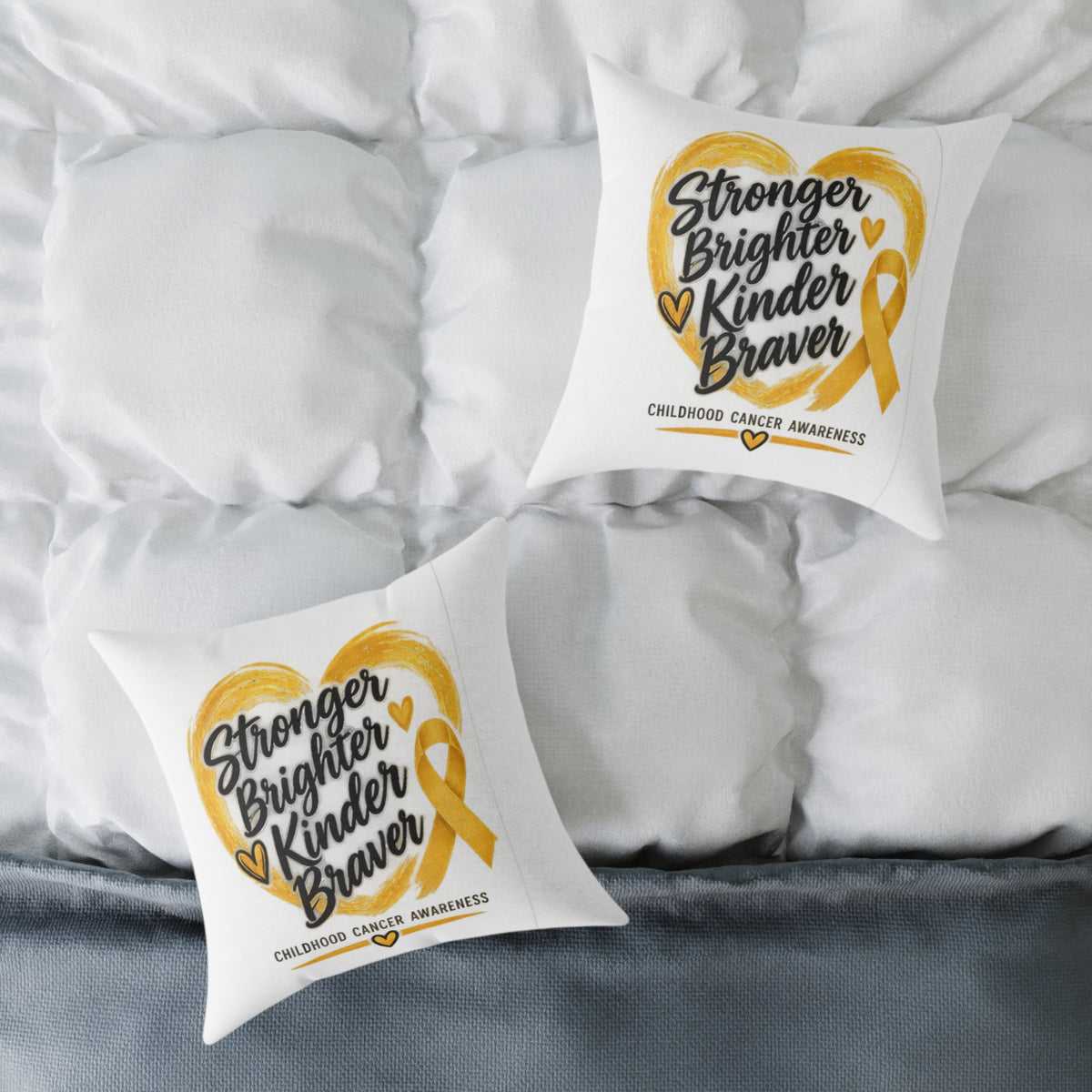 Childhood Cancer Awareness Pillow - "Stronger Brighter Kinder Braver" Gold Ribbon Square Throw Pillow