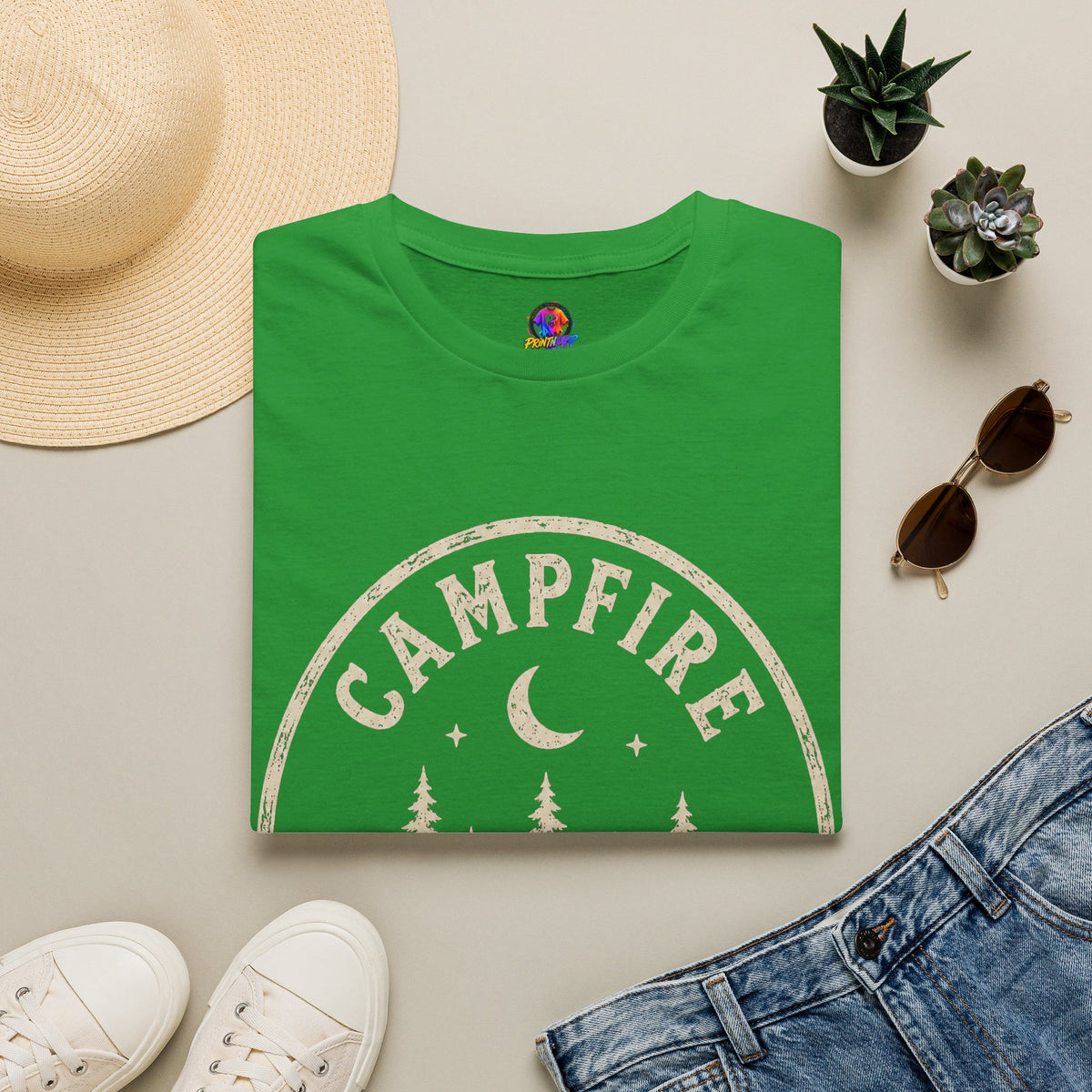 Campfire T-Shirt — 'Campfire After Dark' Vintage Moon & Trees Graphic