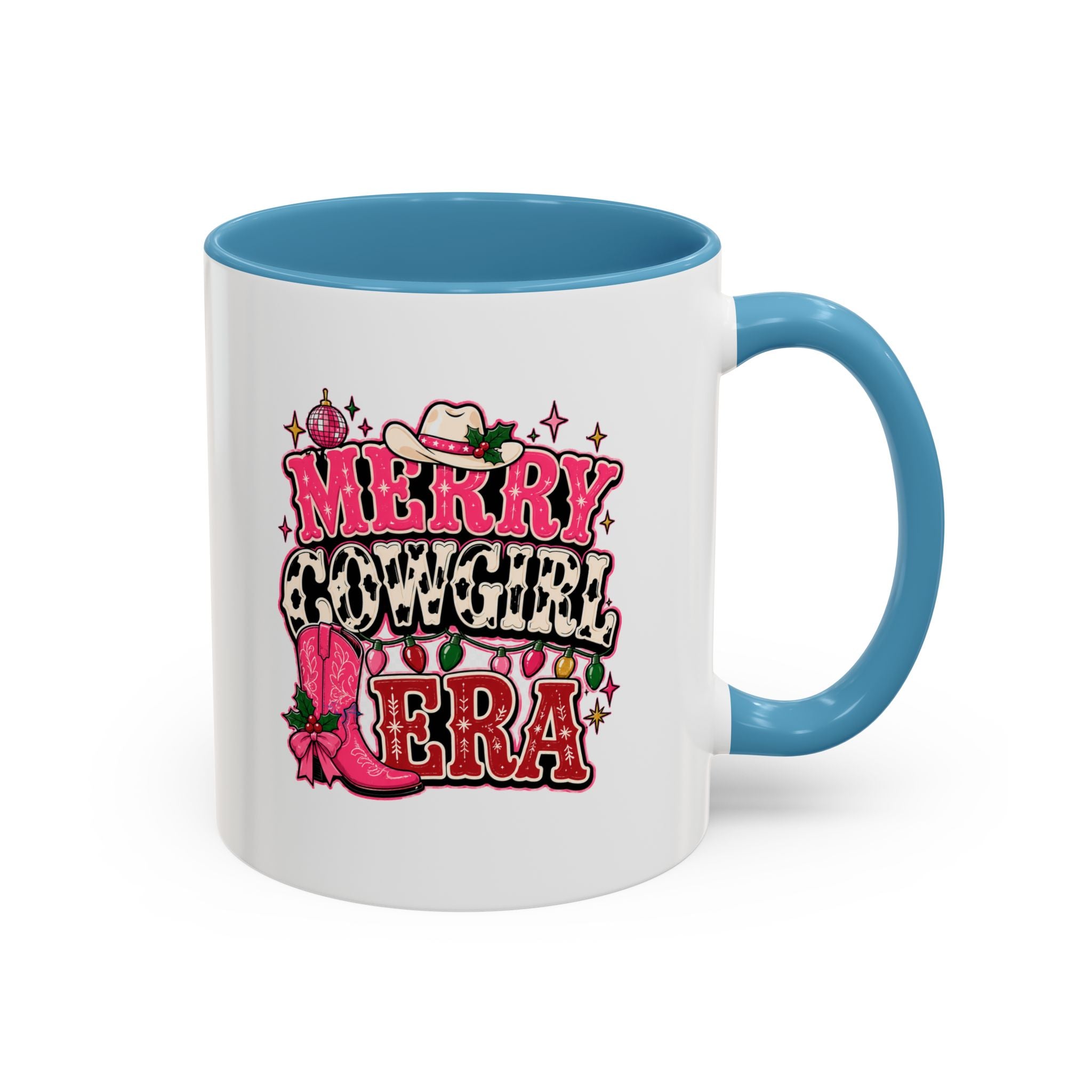 Modern Day Christmas Merry Cowgirl Era Accent Coffee Mug — Festive Pink Western Cowboy Boots & Hat Mug