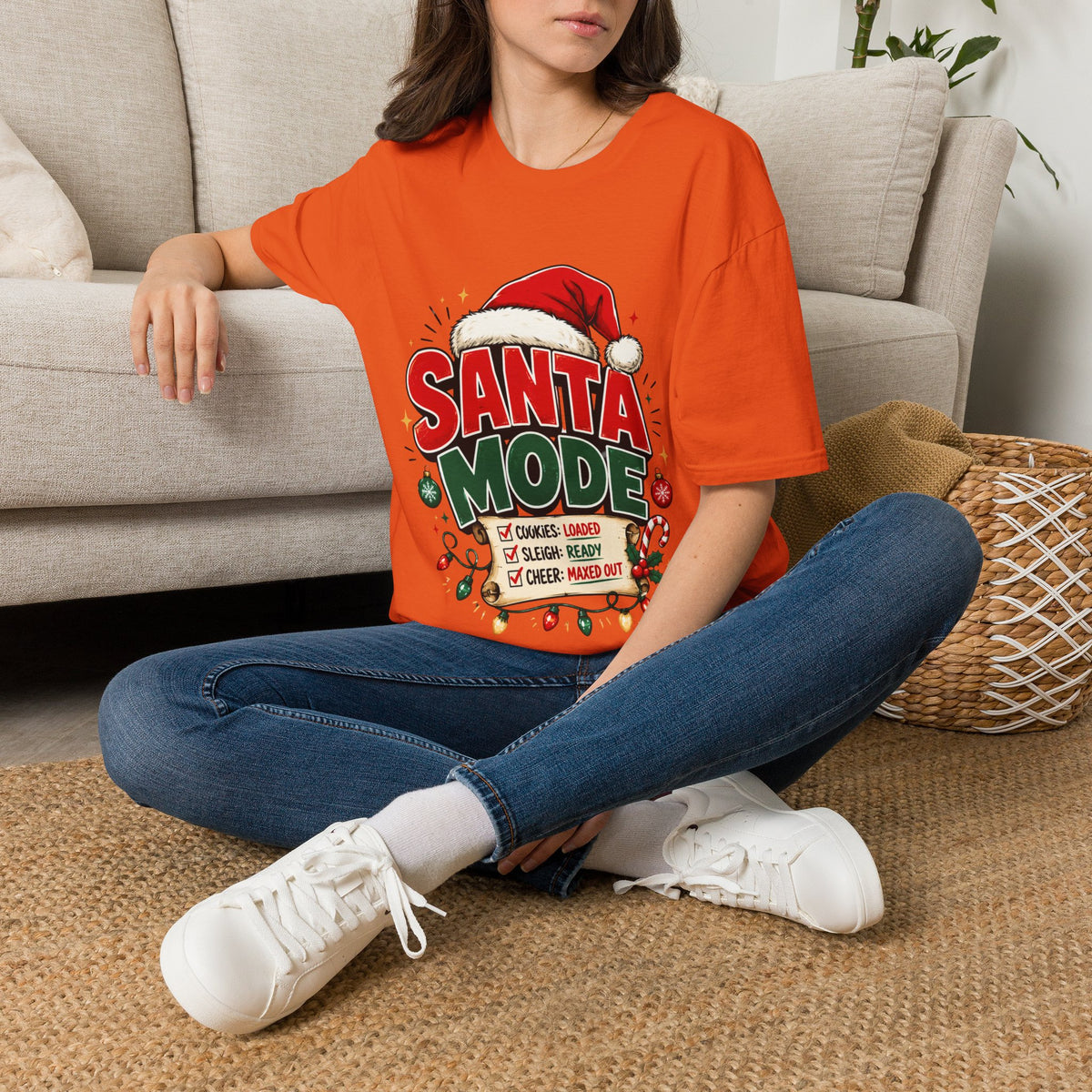 Santa Mode T-Shirt — Holiday Christmas Graphic Tee with Santa Hat