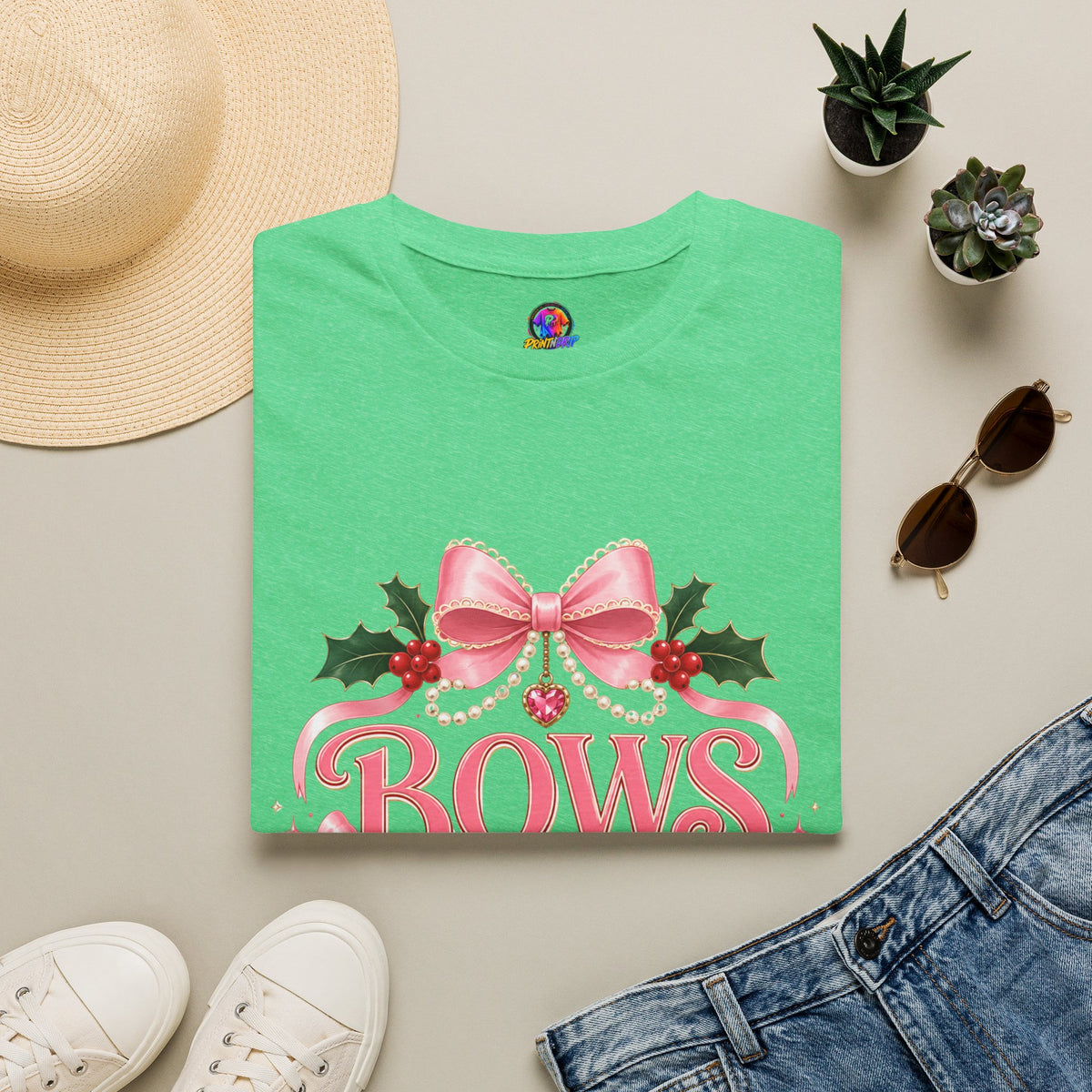Bows and Mistletoe T-Shirt — Pink Holiday Bow Christmas Tee