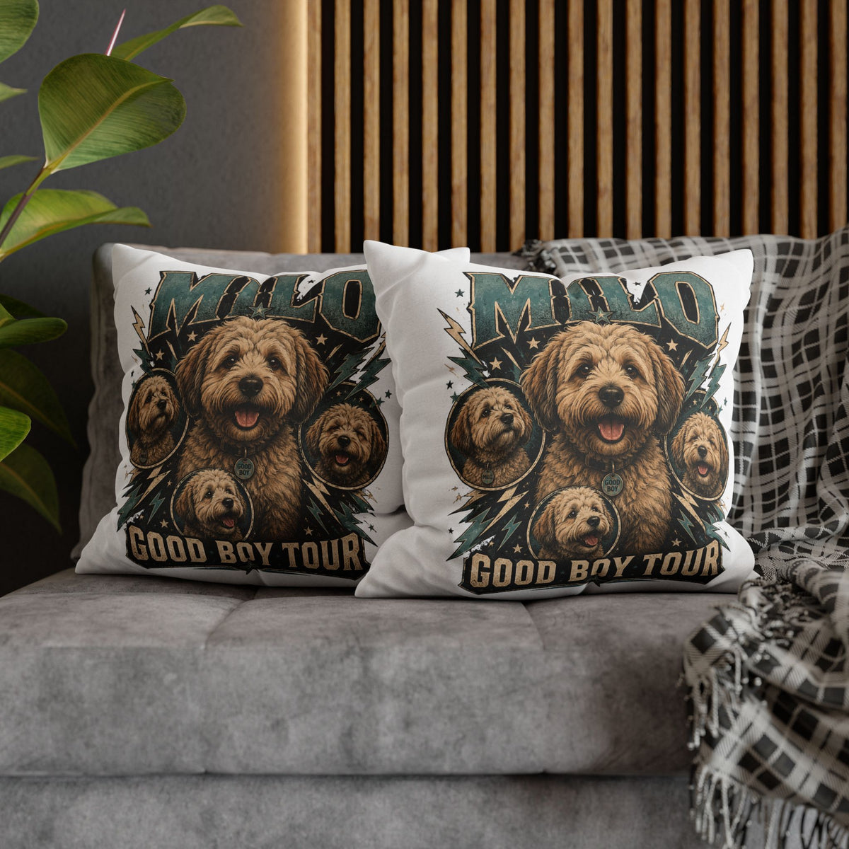 Milo "Good Boy Tour" Decorative Pillowcase — Cute Dog Portrait Square Throw Pillowcase Milo Bailey Dog Dad Mom