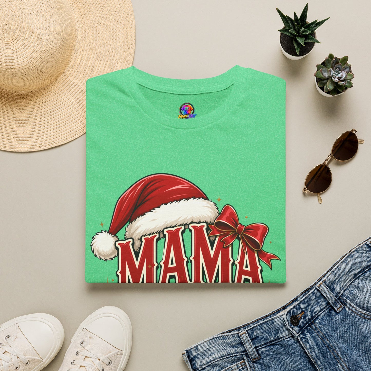 Mama Claus T-Shirt — Festive Christmas Mom Tee with Santa Hat & Bow