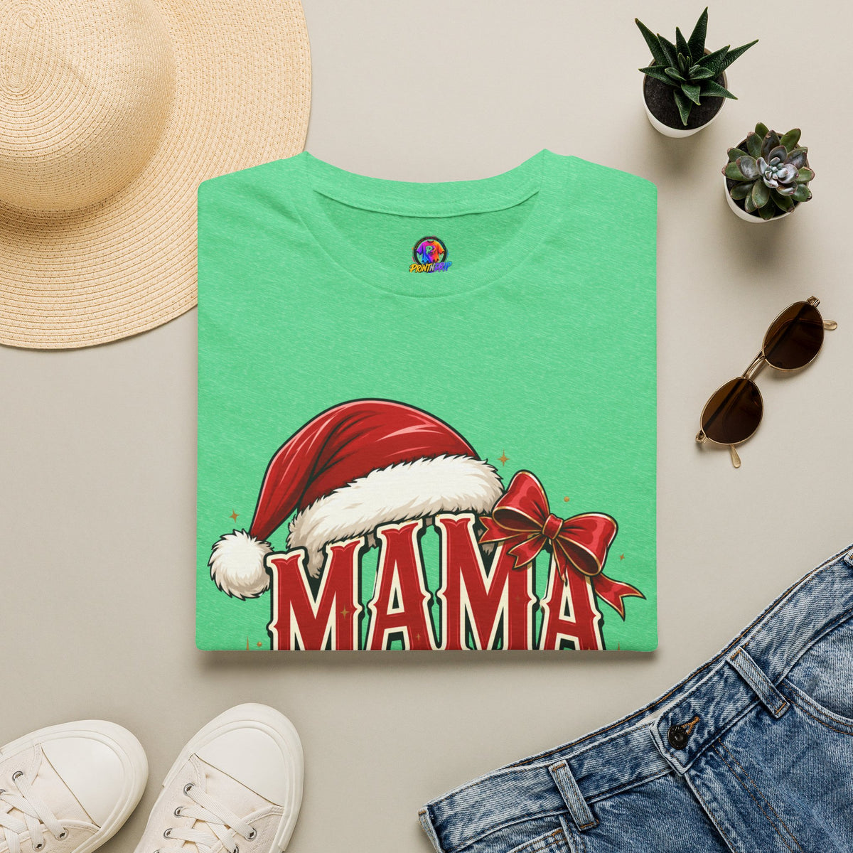Mama Claus T-Shirt — Festive Christmas Mom Tee with Santa Hat & Bow