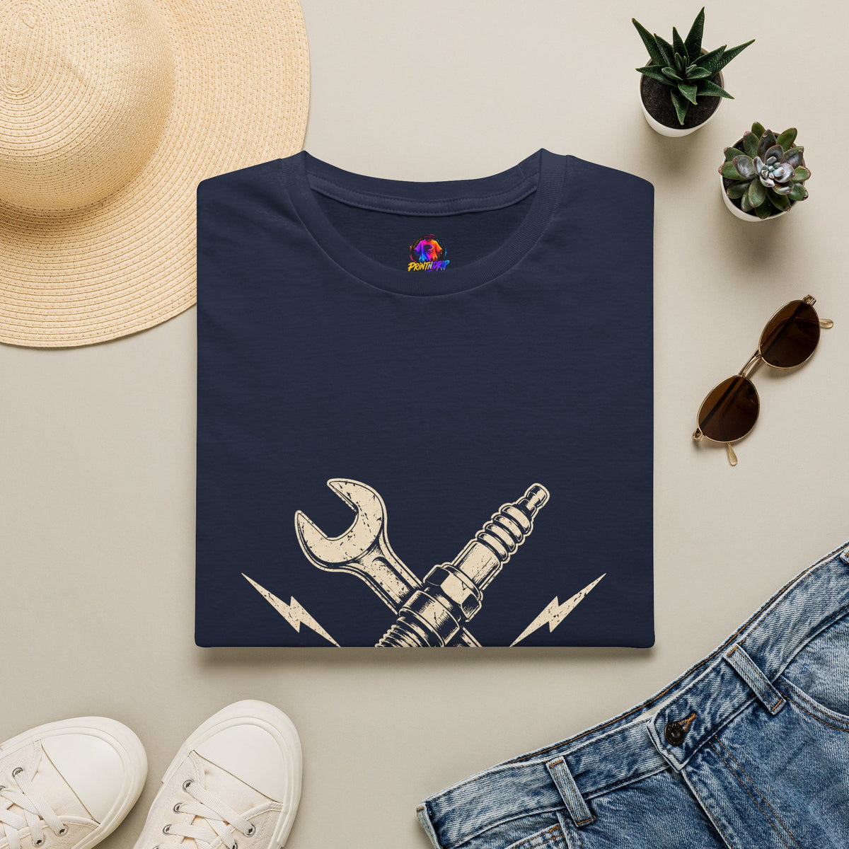 Built Not Bought T-Shirt — Vintage Mechanic Spark Plug & Wrench Tee for DIY Car Enthusiasts
