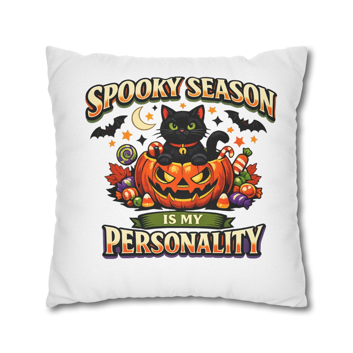 Halloween Pillowcase — "Spooky Season Is My Personality" Black Cat Pumpkin Decorative Pillow