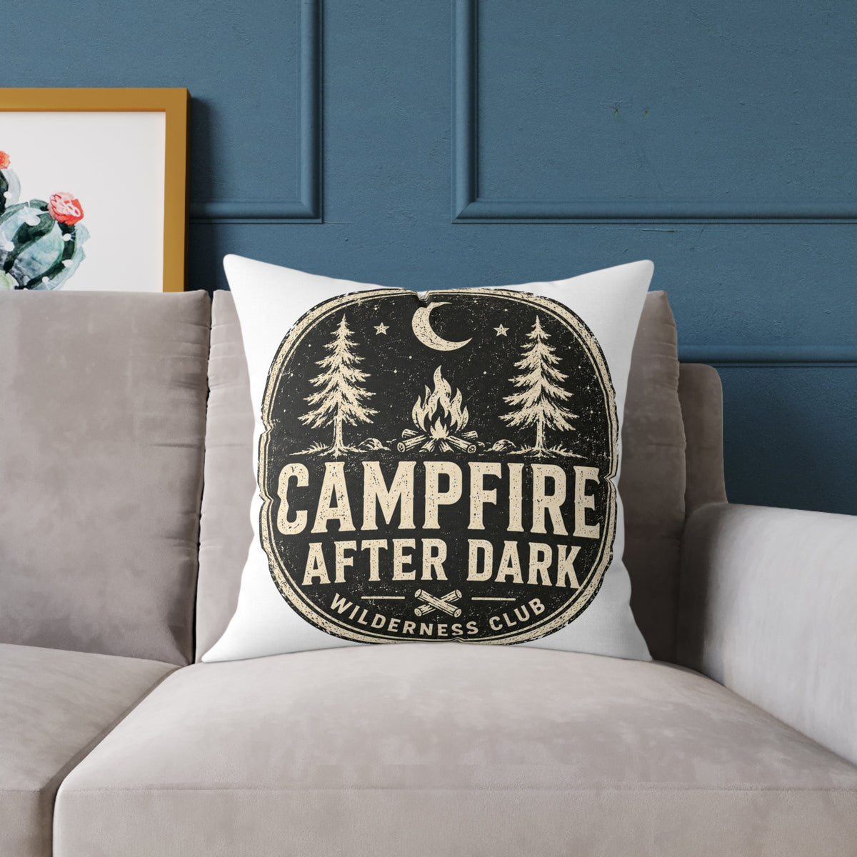 Campfire After Dark Decorative Pillow  Milo Bailey Dog Dad Mom— Retro Wilderness Camping Throw Pillow