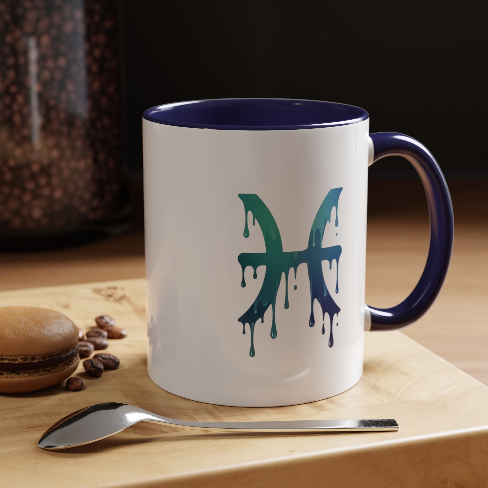 Pisces Zodiac Accent Coffee Mug — Dripping Teal Blue Astrology Gift
