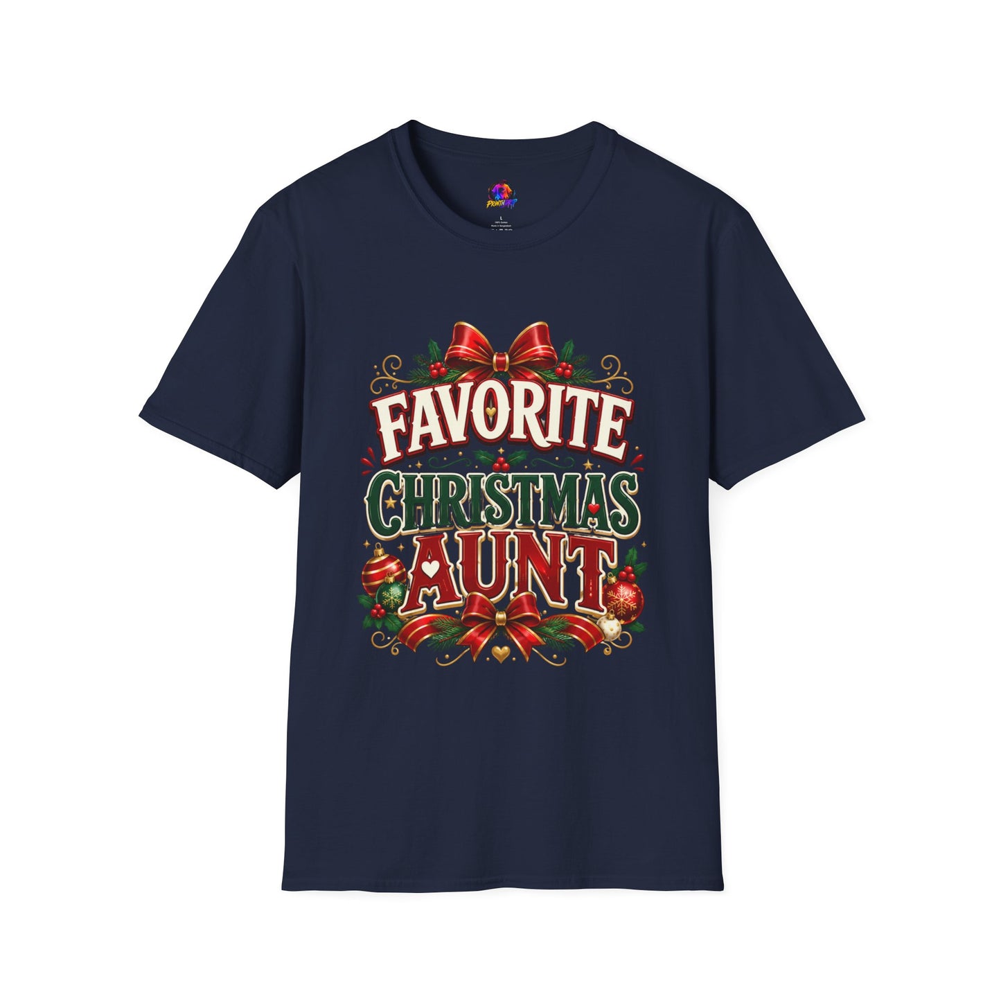 Favorite Christmas Aunt T-Shirt — Festive Holiday Auntie Tee with Bow & Holly