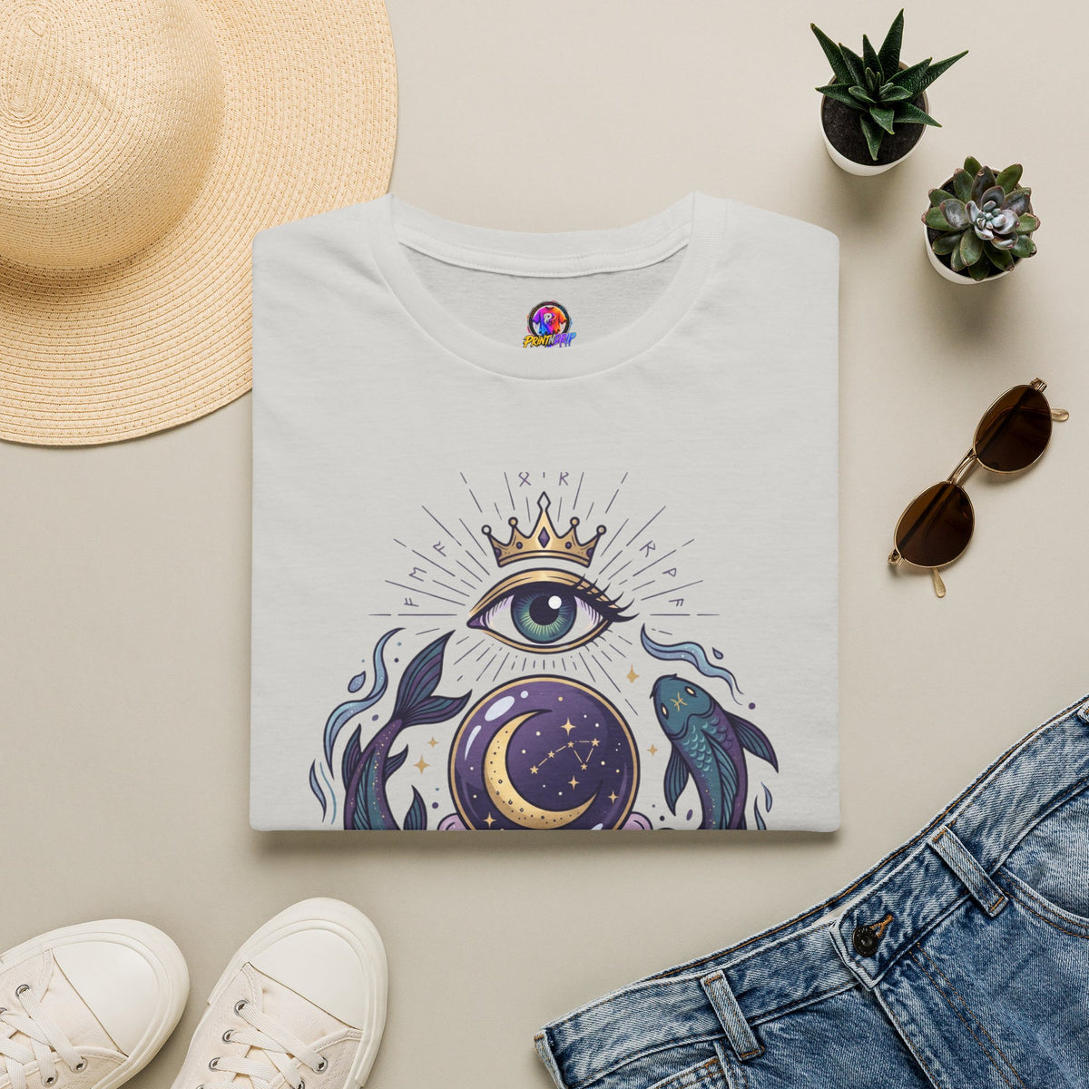 Pisces Mystic Eye T-Shirt — Witchy Astrology Moon & Crown Design