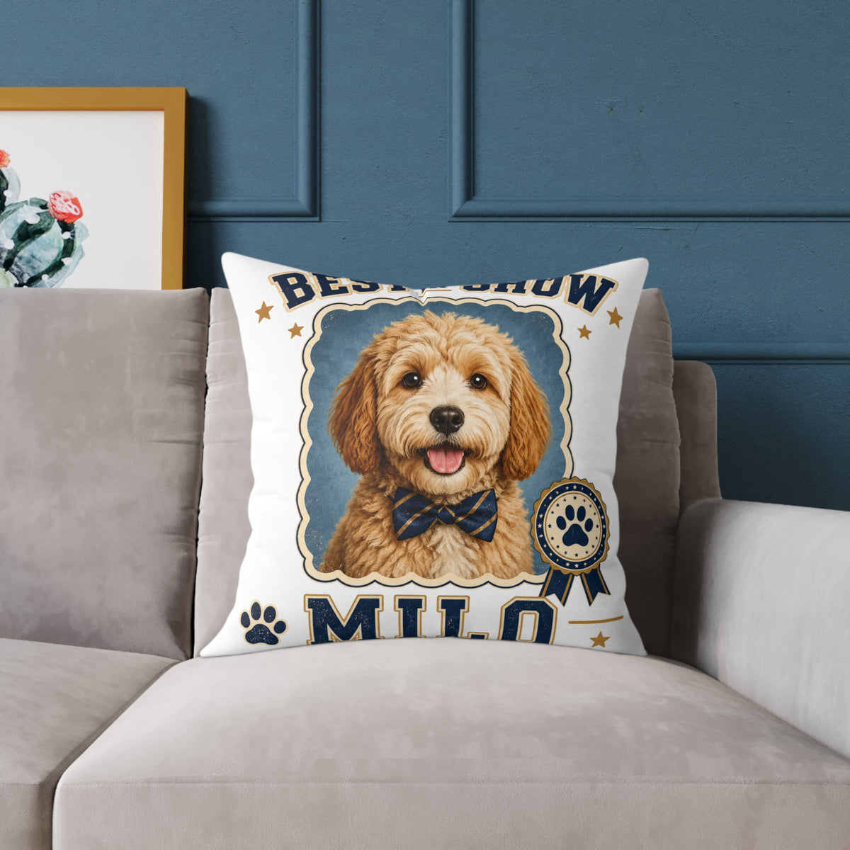 Milo Bailey Dog Dad Mom Square Pillow — 'Best in Show' Personalized Dog Portrait (Milo)