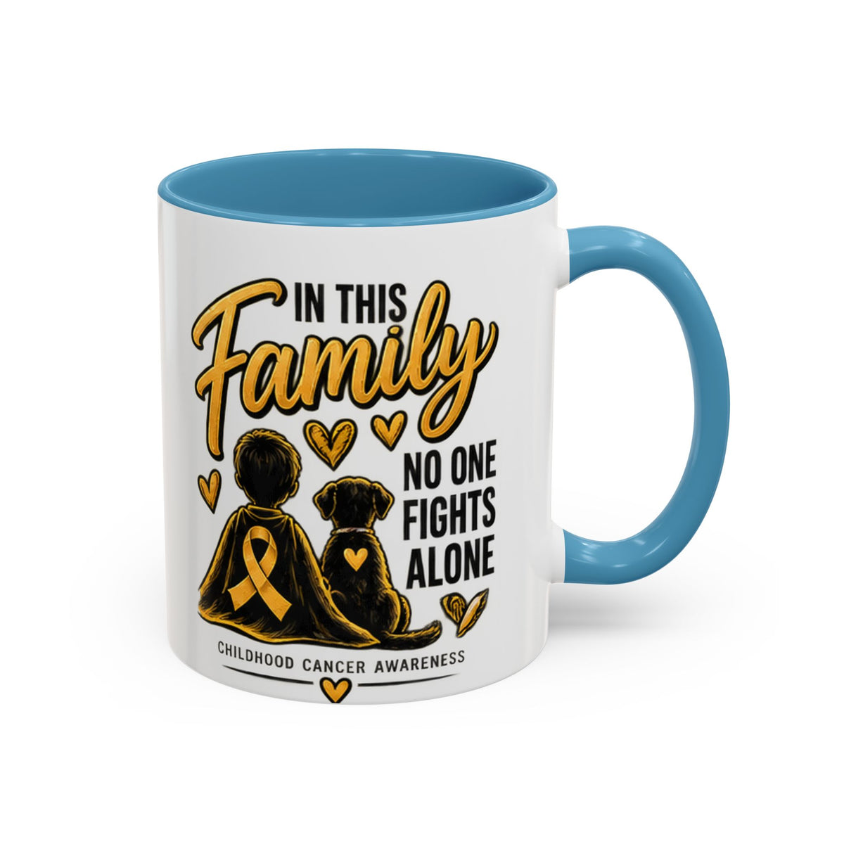 Childhood Cancer Awareness Accent Coffee Mug – "In This Family No One Fights Alone" (11/15oz)
