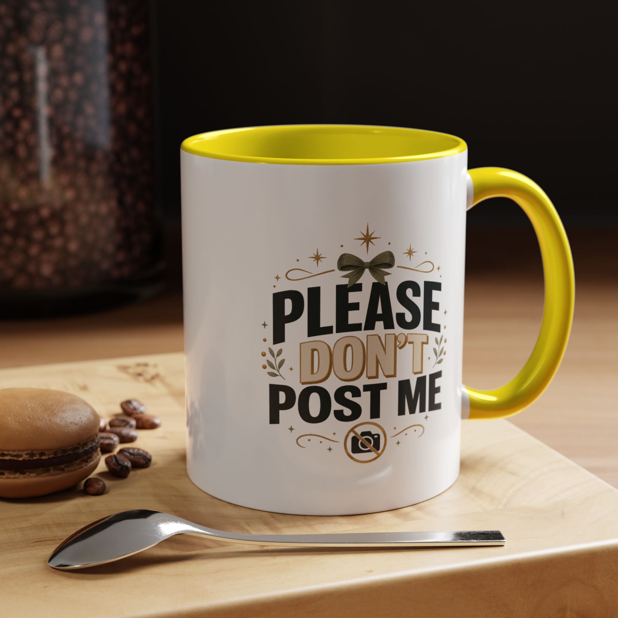 Christmas Please Don't Post Me Accent Coffee Mug — Funny Privacy Camera Gift