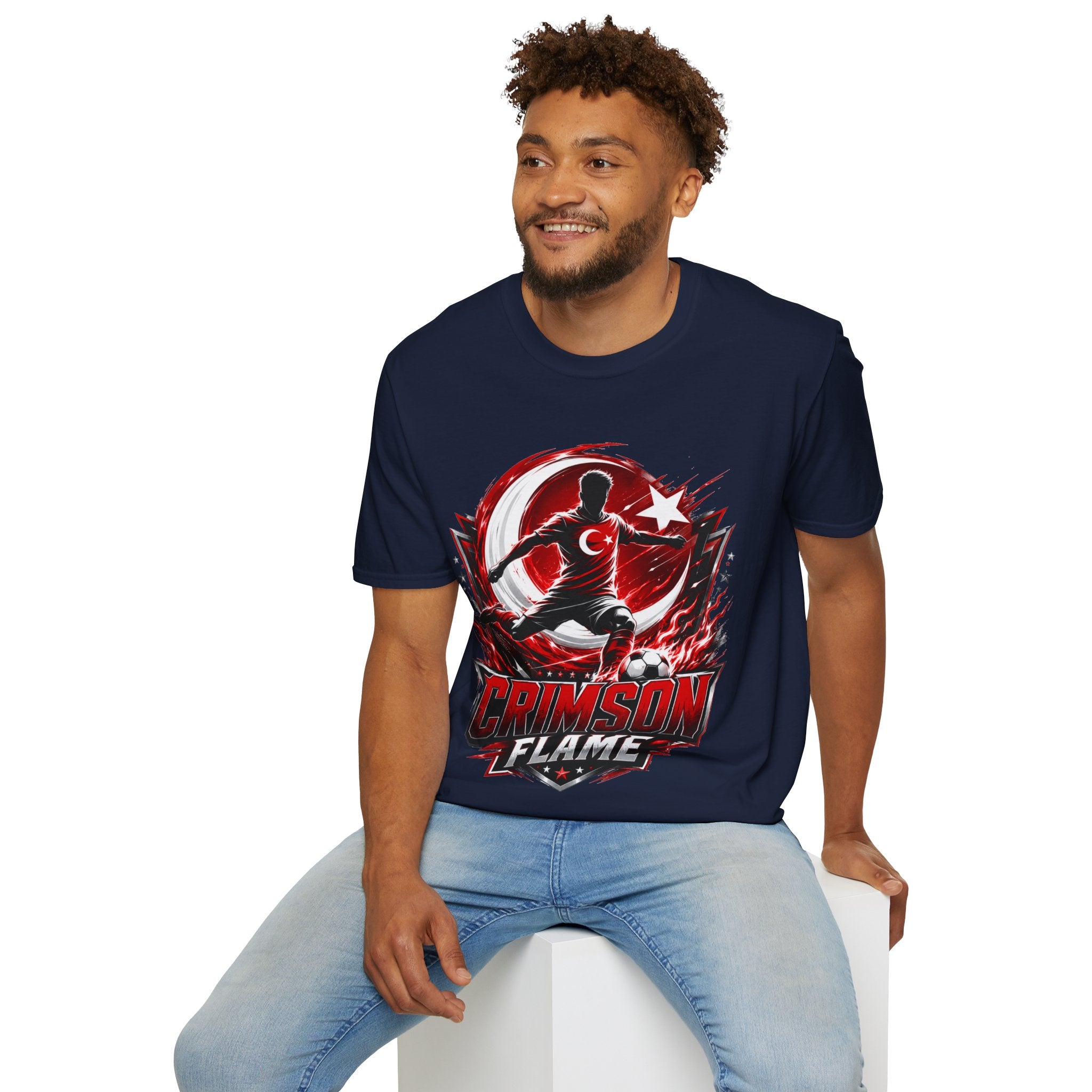 Turkey Crimson Flame Soccer T-Shirt — Turkish Crescent & Star Football Fan Tee