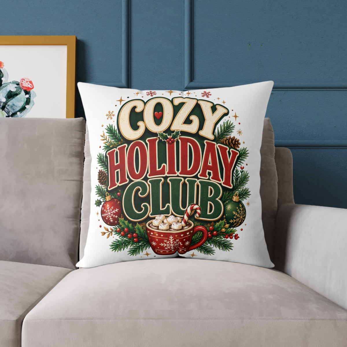 Christmas Cozy Holiday Club Throw Pillow – Festive Christmas Cocoa Decorative Cushion