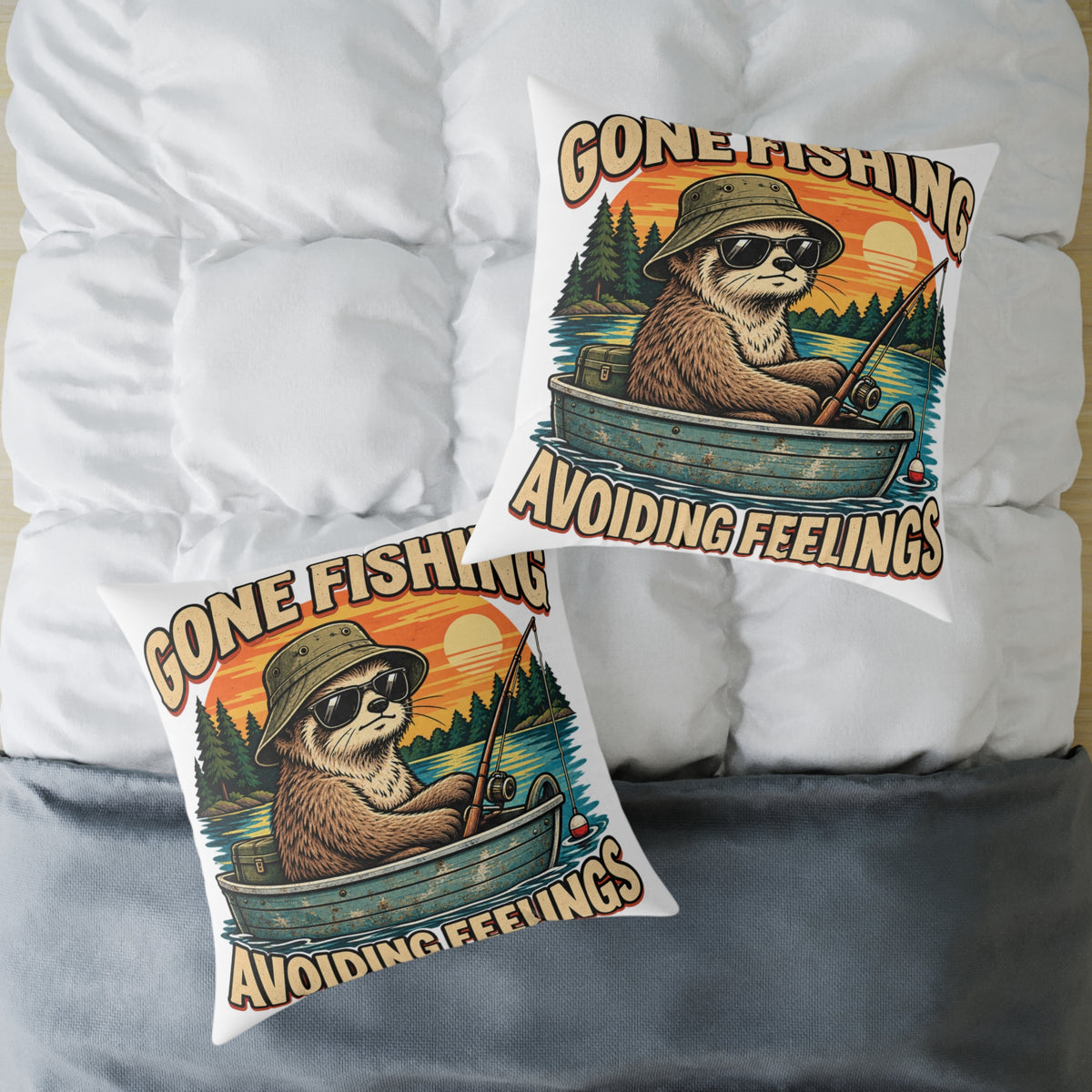 Gone Fishing Pillow —Funny  'Gone Fishing, Avoiding Feelings' Sloth Fishing Decorative Throw Pillow