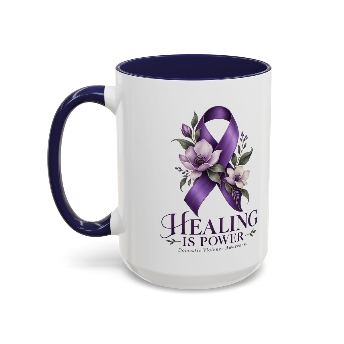 Healing Is Power Purple Ribbon Coffee Mug — Domestic Violence Awareness Accent Mug (11/15oz)