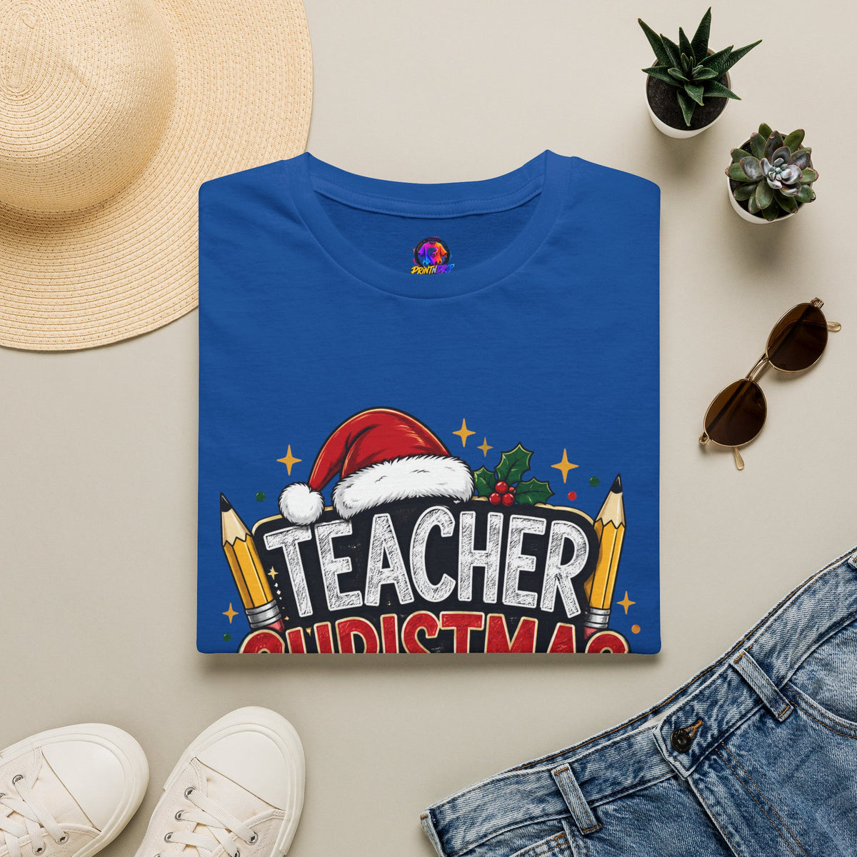 Teacher Christmas Crew T-Shirt — Holiday School Staff Tee with Santa Hat & Pencils