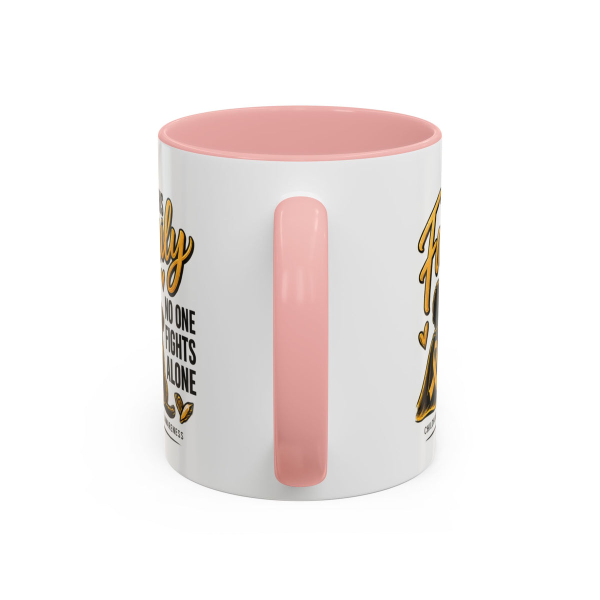 Childhood Cancer Awareness Coffee Mug — "In This Family No One Fights Alone"