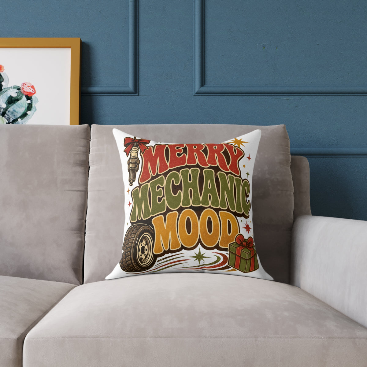 Modern Day Christmas Merry Mechanic Mood Pillow - Christmas Car Mechanic Holiday Throw Pillow