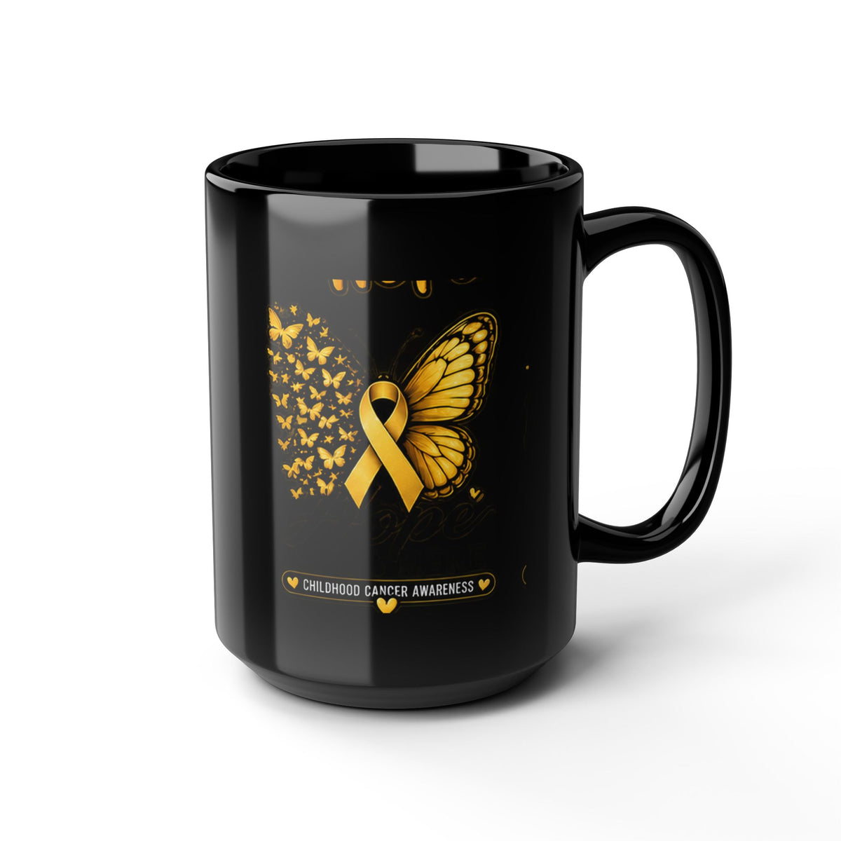 Childhood Cancer Awareness Mug — Gold Ribbon Butterfly Black Coffee Cup (11oz, 15oz)