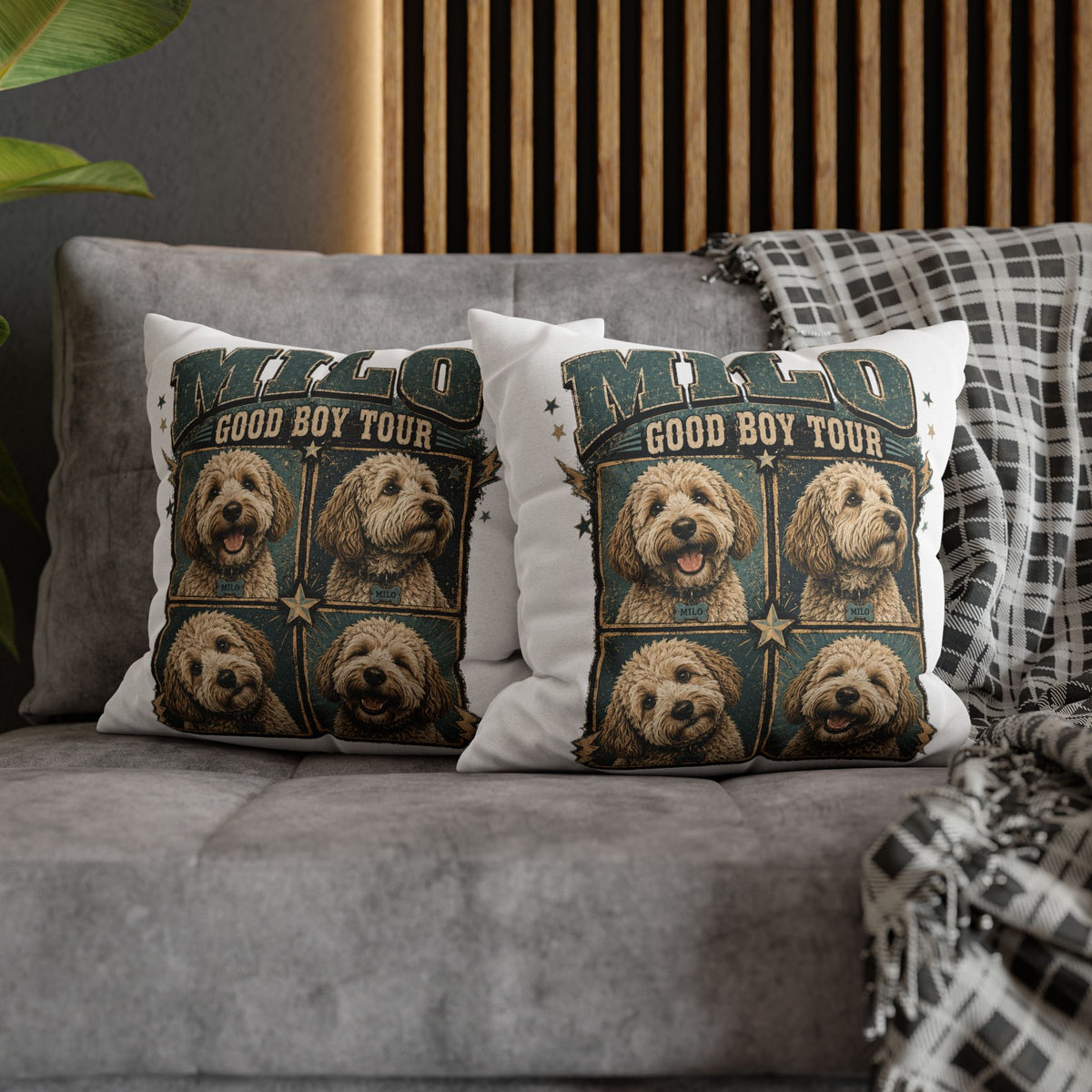 Dog Pillowcase— "MILO Good Boy Tour" Spun Polyester Throw Pillowcase Milo Bailey Dog Dad Mom
