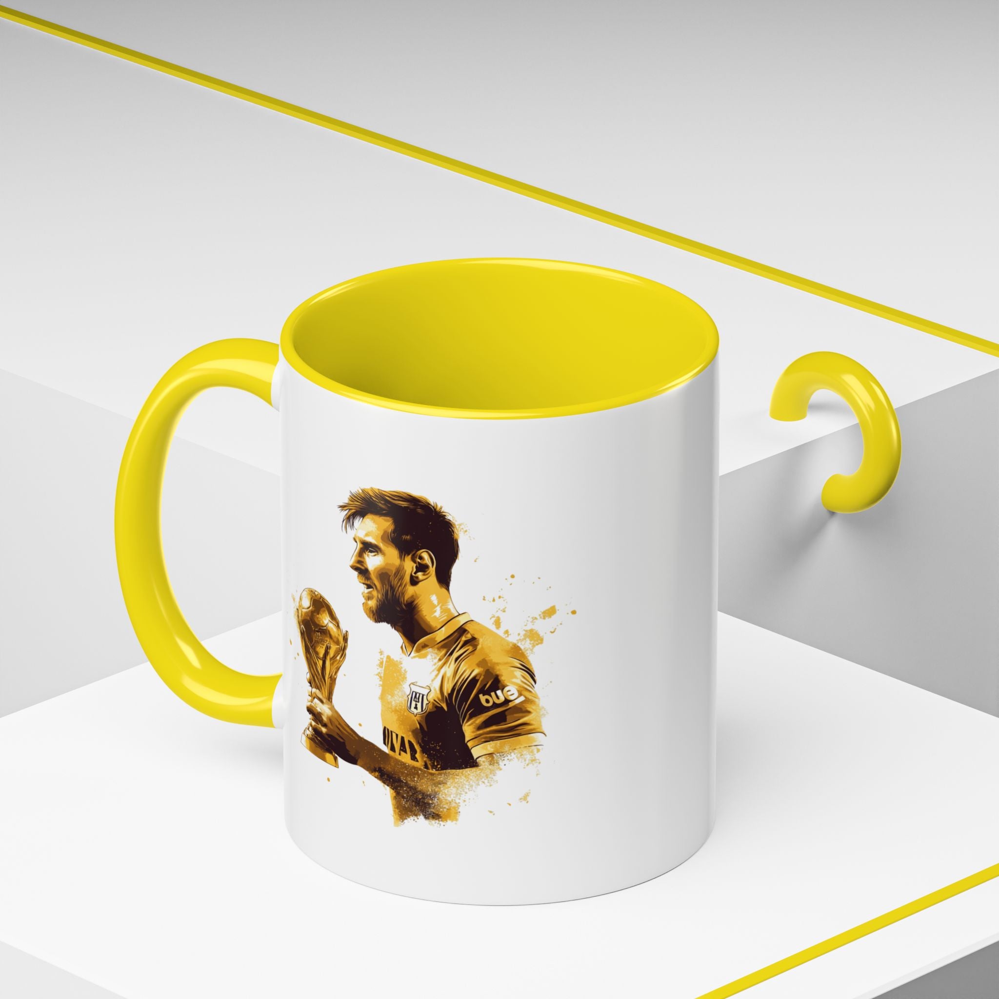 Soccer Legend Coffee Mug — Player Holding Trophy Accent Mug