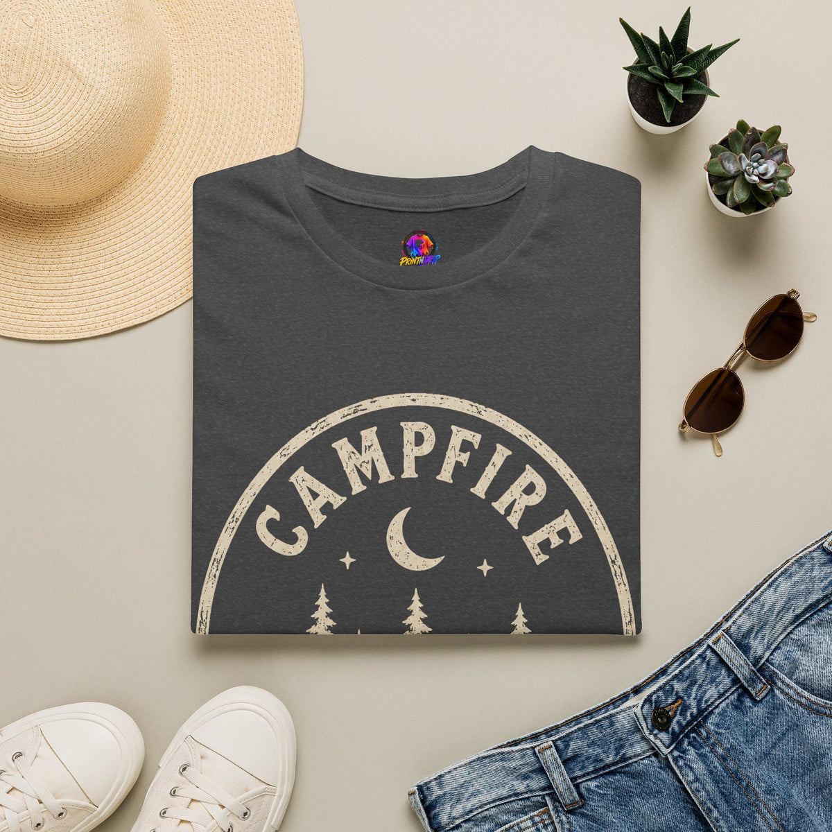 Campfire T-Shirt — 'Campfire After Dark' Vintage Moon & Trees Graphic