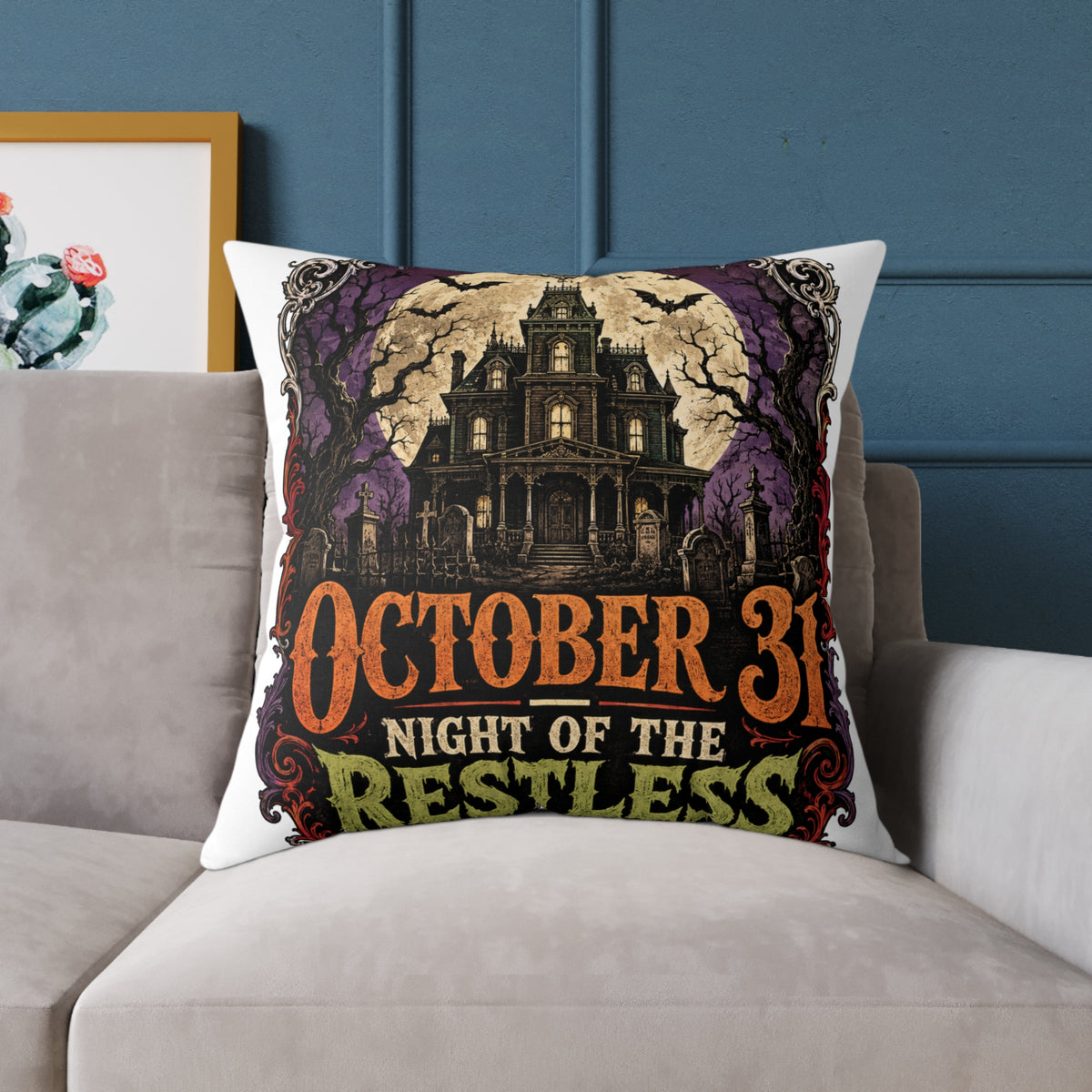 Halloween Haunted House Pillow — "October 31 Night of the Restless" Square Canvas Throw Pillow