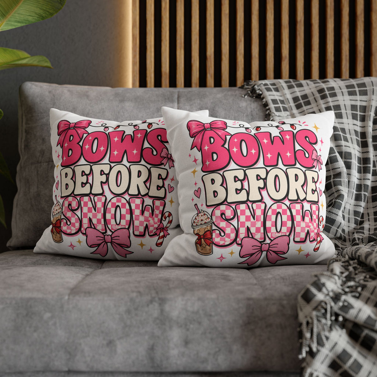 Bows Before Snow Holiday Pillowcase Modern Day Christmas – Pink Christmas Decorative Throw Pillow Cover