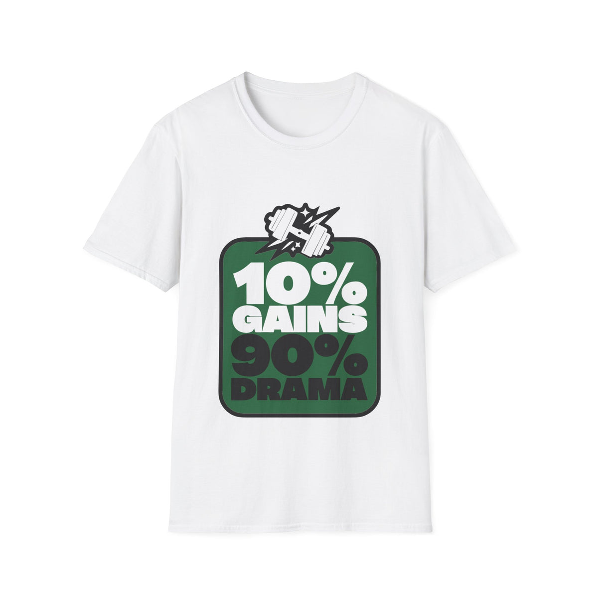 10% Gains 90% Drama Green Badge T-Shirt - Retro Gym Block Graphic Tee - Trending Now - September 2026