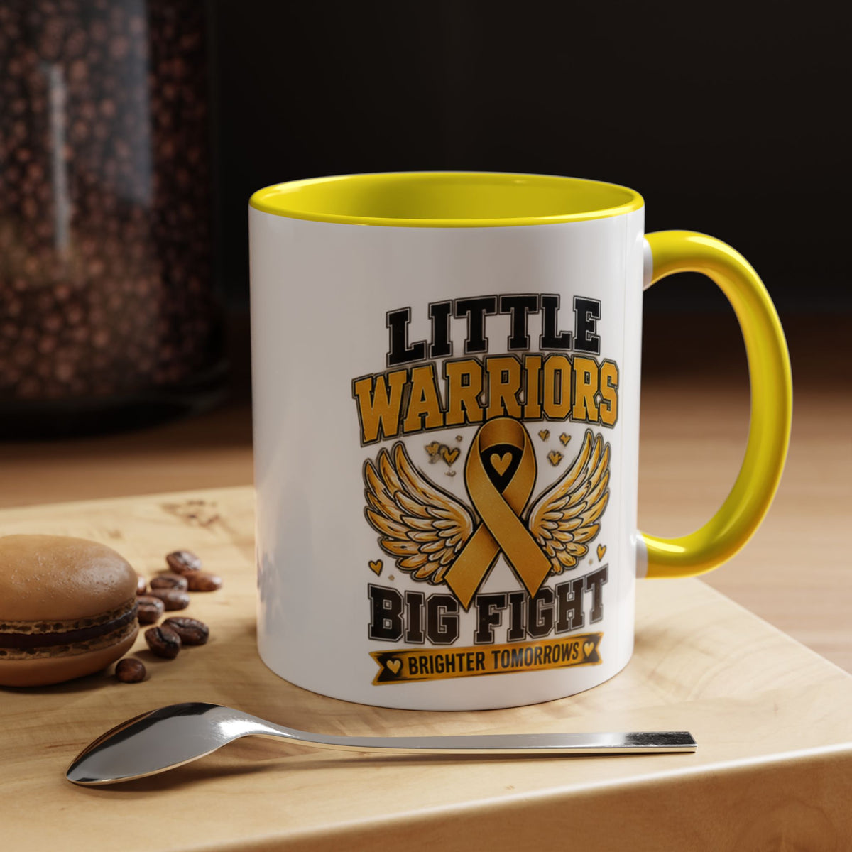 Little Warriors Big Fight Childhood Cancer Awareness Coffee Mug — Gold Ribbon Support Accent Mug