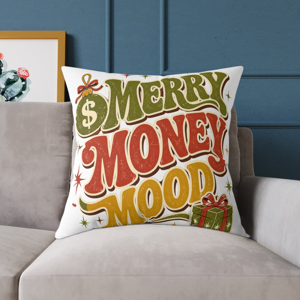 Modern Day Christmas Merry Money Mood Pillow — Festive Retro Holiday Throw Pillow