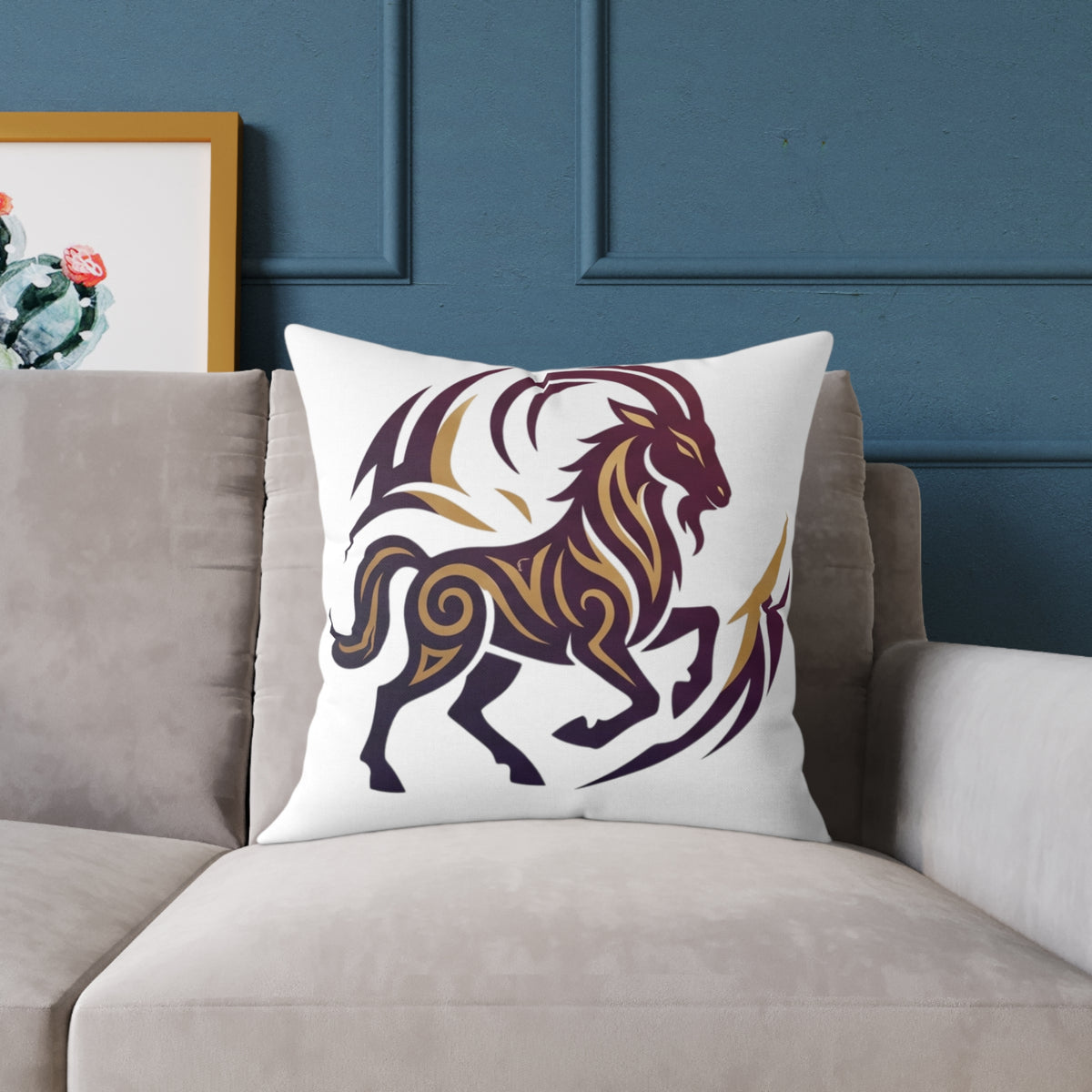 Capricorn Zodiac Tribal Lion Square Throw Pillow — Bold Abstract Mane Accent Cushion