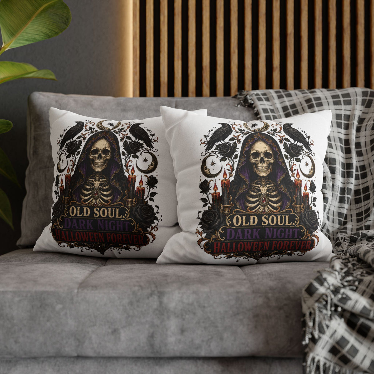 Halloween Skull Pillowcase — "Old Soul Dark Night" Spun Polyester Square Pillow