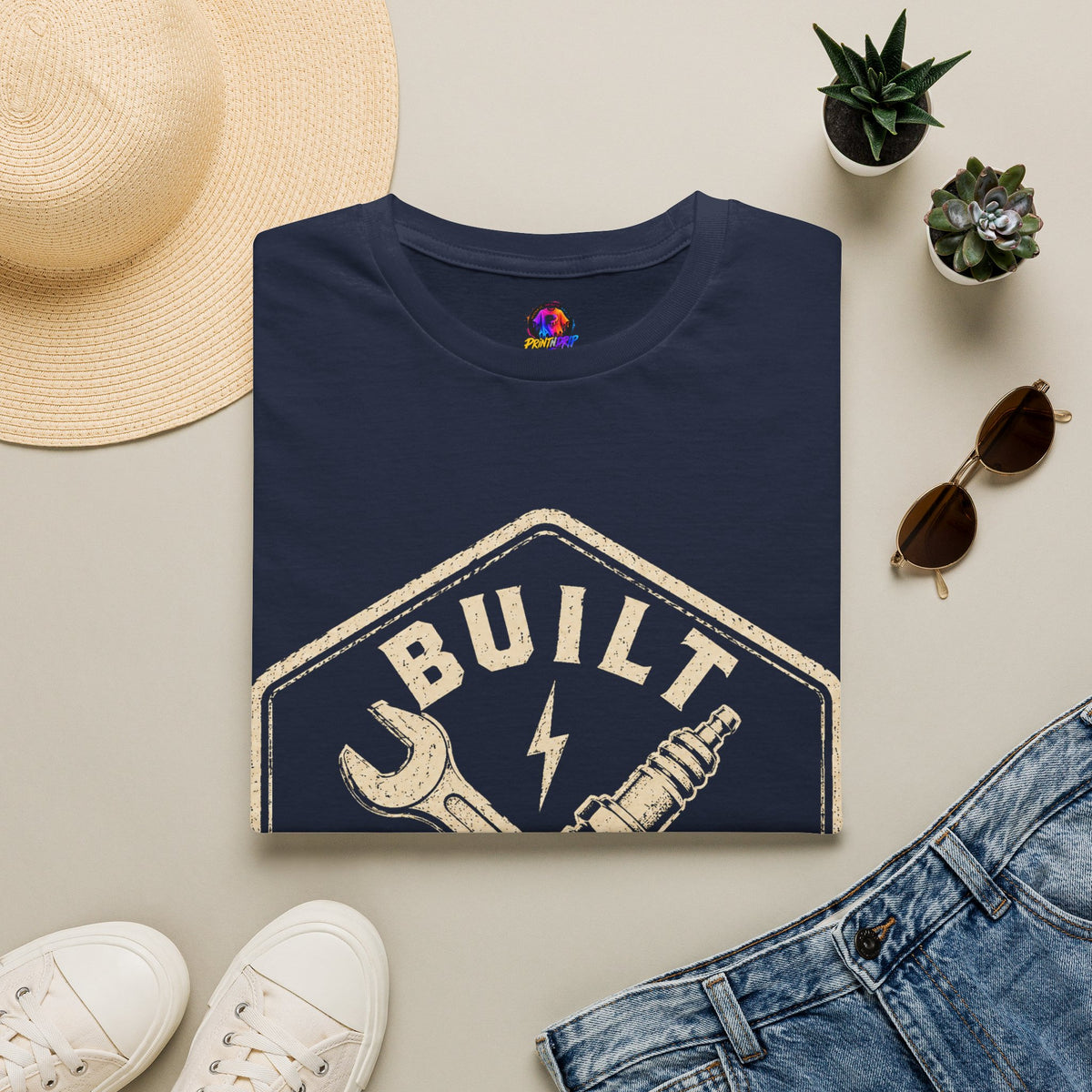 Built Not Bought T-Shirt — Vintage Mechanic Wrench & Spark Plug Tee