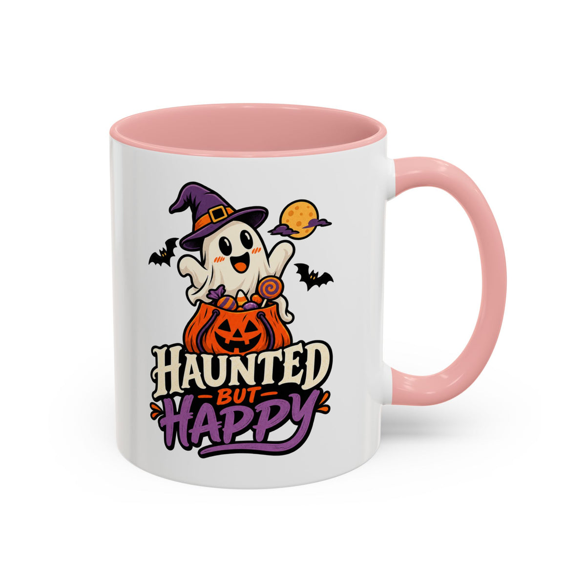 Haunted But Happy Coffee Mug — Halloween Ghost Pumpkin Accent Mug (11/15oz)