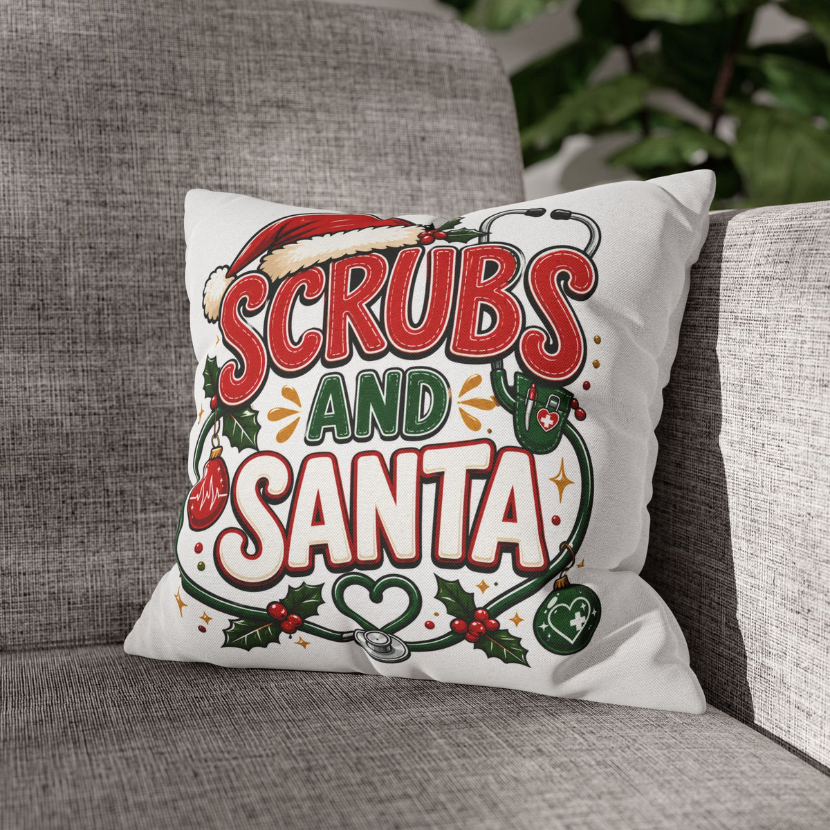 Christmas Scrubs and Santa Holiday Pillowcase – Christmas Nurse Decorative Throw Pillow Cover